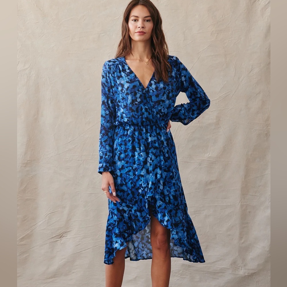 Bella Dahl Blue & Black Abstract Long Sleeve Midi Dress – Size L